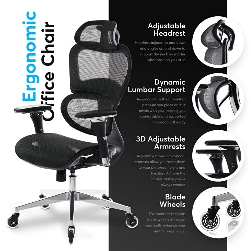 Ergonomic office chair with adjustable headrest, lumbar support, armrests, and blade wheels.