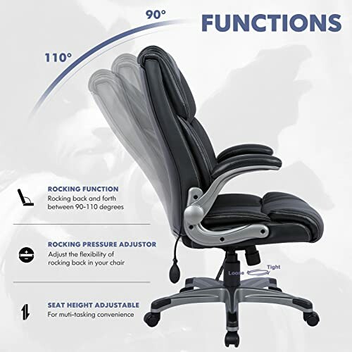 Illustration of an ergonomic office chair with adjustable rocking function, pressure adjuster, and seat height.