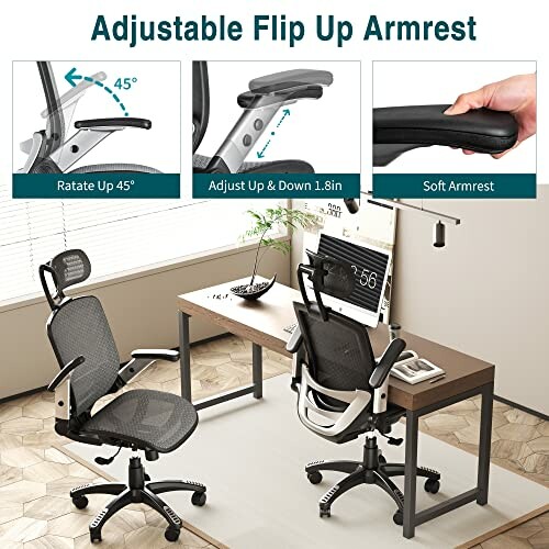 Ergonomic office chair with adjustable flip-up armrest at a desk.