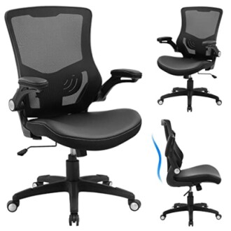 Ergonomic office chair with adjustable armrests and mesh back.