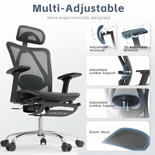 Ergonomic office chair with adjustable headrest, armrests, lumbar support, and elastic mesh.