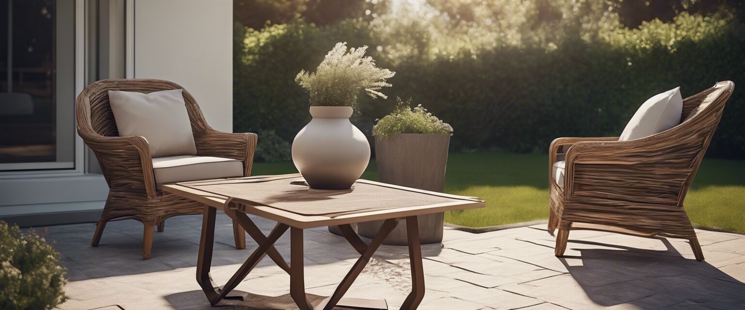 High back outdoor chair next to a table on a patio