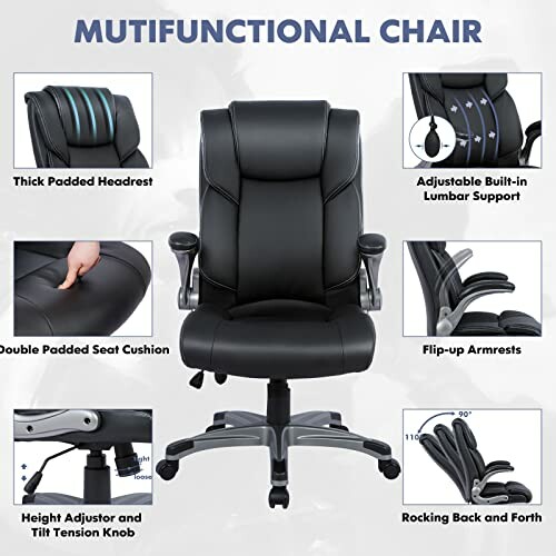 Multifunctional office chair with features like thick padded headrest, lumbar support, double padded seat, flip-up armrests, height adjustor, and rocking mechanism.